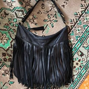 Frye Heidi Fringe Leather Hobo in Black